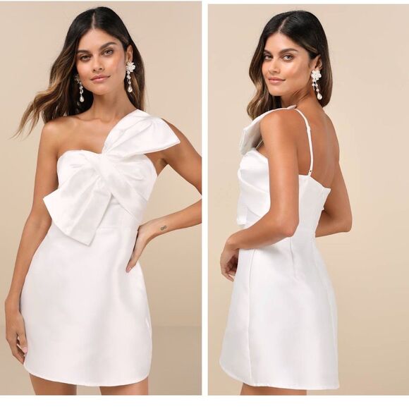 Lulus Utterly Pretty White Bow One-Shoulder Mini Dress Size Small Pockets Bridal - Picture 1 of 9